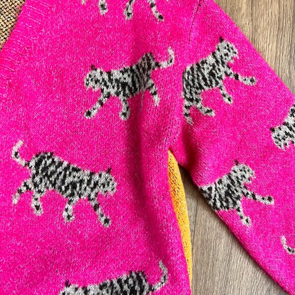 Bibi Cheetah Tiger Animal Cozy Bright Pink Orange Cardigan Sz S - Picture 6 of 11